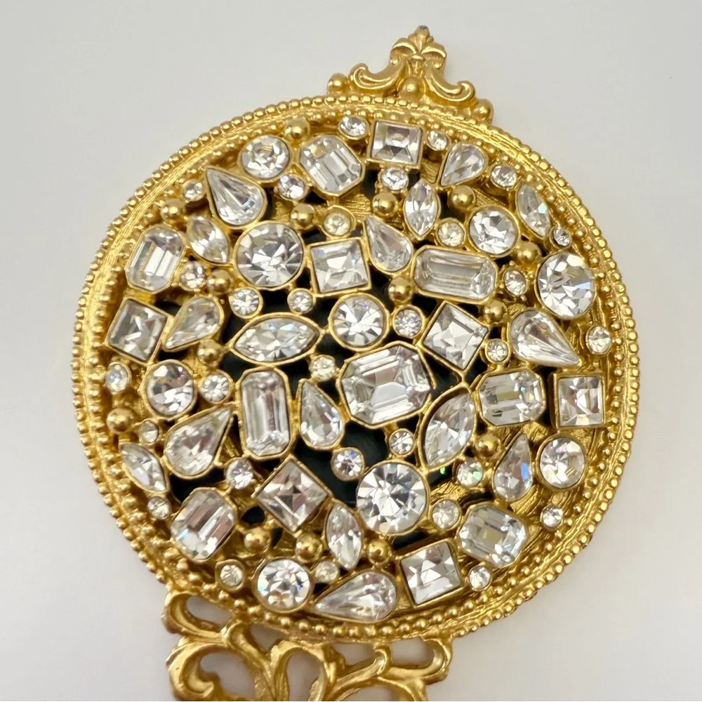 Kirks Folly Clear Rhinestone Crystal Jeweled Golden Small Vanity Hand Mirror